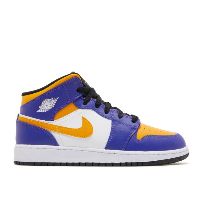 ナイキ エアジョーダン Air Jordan 【 Jordan 1 Mid Gs 'Lakers' Youth Dark Concord/White/Black/Taxi 】 ミッド ジュニア キッズ コンコルド・コンコード 白色 ホワイト 黒色 ブラック|スニケス