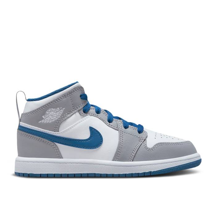ナイキ エアジョーダン Air Jordan 【 Jordan 1 Mid Ps Cement True Blue Youth Cement Grey/White/True Blue 】 ミッド ジュニア キッズ 灰色・シメント 灰色 グレー 白色 ホワイト 青色 ブルー