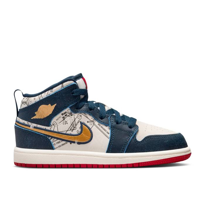 ナイキ エアジョーダン Air Jordan 【 Jordan 1 Mid Se Ps 'Take Flight' Youth Armory Navy/Metallic Gold/Pale Ivory/Sport Red/Black 】 ミッド ジュニア キッズ 紺色 ネイビー ゴールド アイボリー Red 赤・レッド 黒色|スニケス