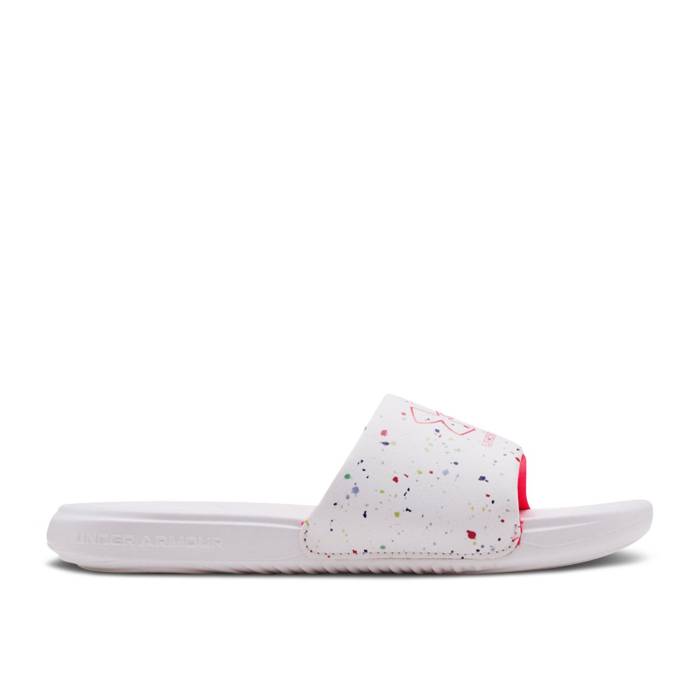 アンダーアーマー Under Armour 【 Ansa Graphic Slide ガウス \u0027Speckled\u0027 Youth White/Pink Shock 】 グラフィック Slide サンダル お坊っちゃん キッズ 白いこと 白いこと pink サクラ色 ぼうぜん自失