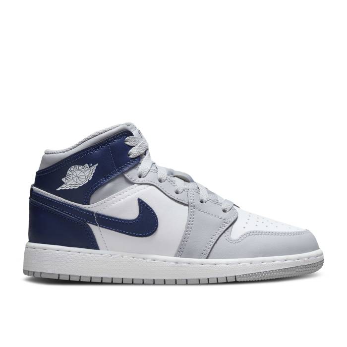 ナイキ エアジョーダン Air Jordan 【 Jordan 1 Mid ガウス \u0027Wolf Grey Midnight Navy\u0027 Youth White/Wolf Grey/Midnight Navy 】 ミッド 薄墨色 薄墨色 お坊っちゃん キッズ 白いこと 白いこと 薄墨色 薄墨色 紺色 米国海軍