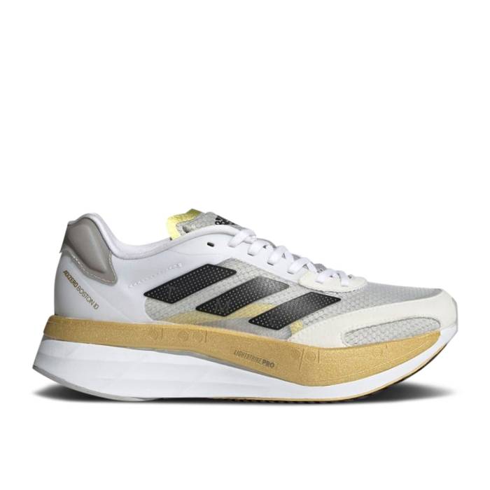 アディダス Adidas 【 Wmns Adizero Boston 10 Tme \u0027White Gold Metallic\u0027 Women Cloud White/Core Black/Grey Two 】 アディゼロ 豆の町 ゴールド レディース 白いこと 白いこと 中核グループ 黒いこと 黒いこと 薄墨色 薄墨色