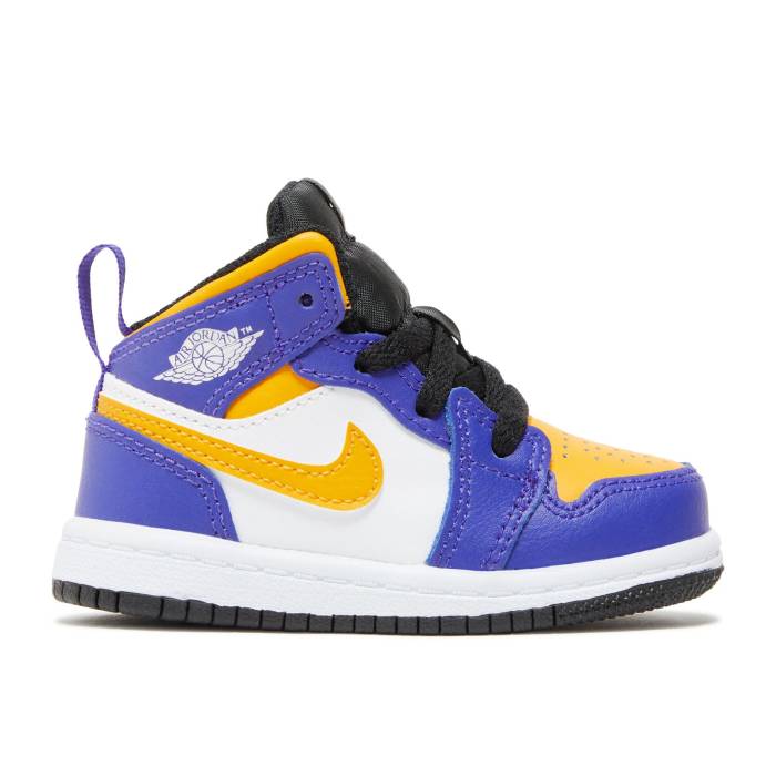 ナイキ エアジョーダン Air Jordan 【 Jordan 1 Mid Td \u0027Lakers\u0027 Infant Dark Concord/White/Black/Taxi 】 ミッド もの言う花 調和・コン吊りひも 白いこと 白いこと 黒いこと 黒いこと