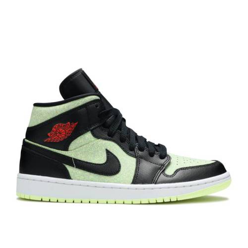 【 AIR JORDAN WMNS JORDAN 1 MID SE BLACK BARELY VOLT / BLACK CHILE RED BARELY VOLT 】 ナイキ ミッド 黒色 ブラック 赤 レッド エアジョーダン スニーカー レディース