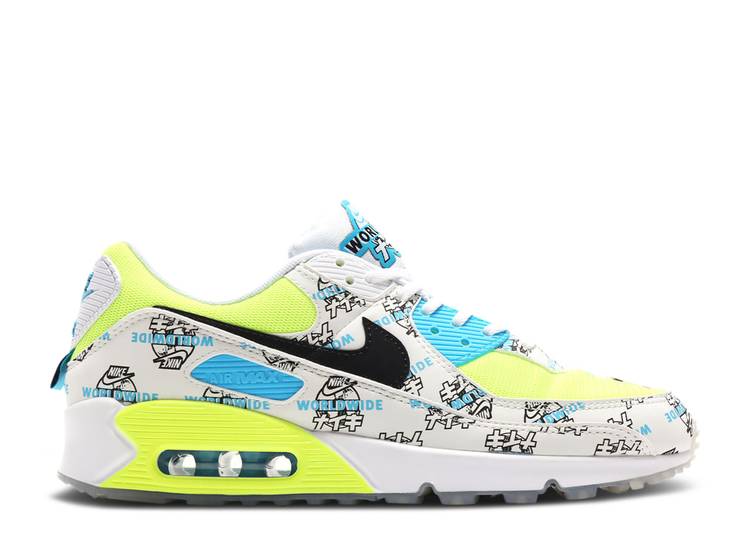 【 NIKE WMNS AIR MAX 90 'WORLDWIDE - KATAKANA LOGO' / WHITE BLUE FURY BLACK VOLT 】 マックス 白色 ホワイト 青色 ブルー 黒色 ブラック エアマックス スニーカー レディース ナイキ|スニケス