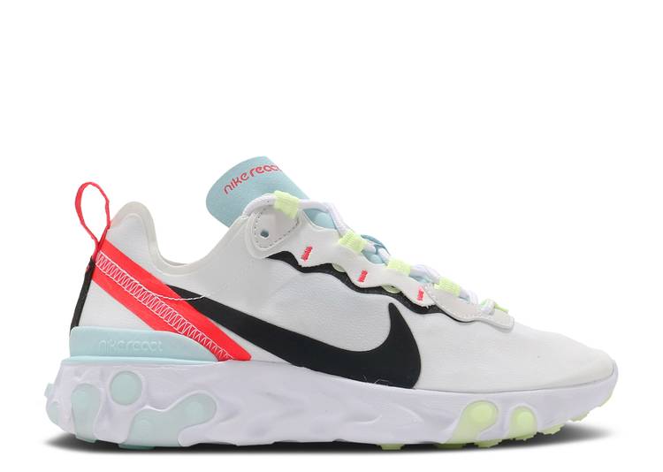 【 NIKE WMNS REACT ELEMENT 55 \u0027WHITE BLACK BLUE\u0027 / WHITE BLACK WHITE BARELY VOLT 】 リアクト 化学元素 黒いこと 黒いこと 白いこと 白いこと スニーカー レディース ナイキ