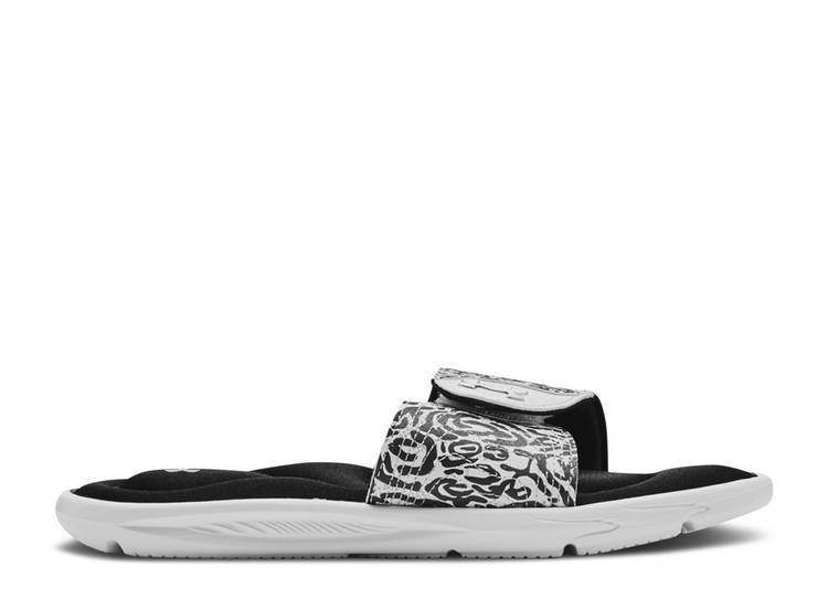 【 UNDER ARMOUR WMNS IGNITE 4 GRAPHIC STRAP SLIDE 'ZEBRA' / WHITE BLACK 】 イグナイト グラフィック ストラップ サンダル 白色 ホワイト 黒色 ブラック アンダーアーマー スニーカー レディース