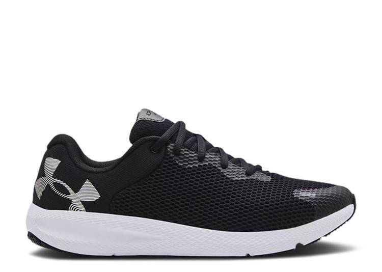 【 UNDER ARMOUR CHARGED PURSUIT 2 \u0027BIG LOGO - BLACK WHITE\u0027 / BLACK WHITE 】 ロゴタイプ 黒いこと 黒いこと 白いこと 白いこと アンダーアーマー スニーカー メンズ