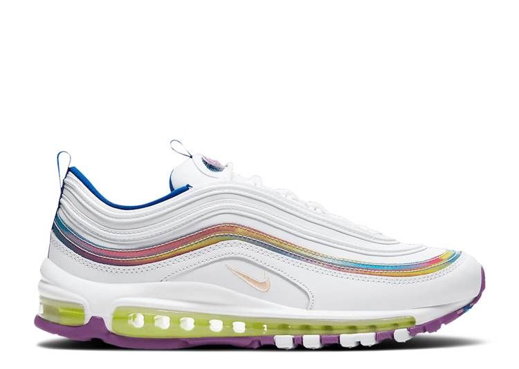 【 NIKE WMNS AIR MAX 97 SE \u0027WHITE IRIDESCENT STRIPES\u0027 / WHITE PURPLE NEBULA HYPER BLUE 】 マックス 白いこと 白いこと 紫 パープル 青味 青味 大気圏マックス スニーカー レディース ナイキ
