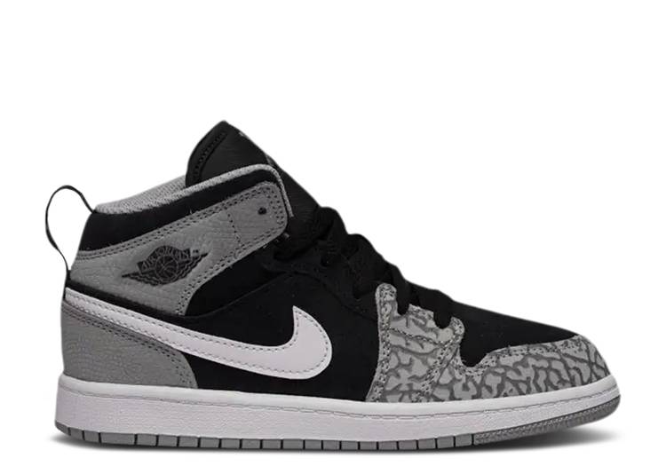 【 AIR JORDAN JORDAN 1 MID SE PS 'ELEPHANT TOE' / BLACK WHITE LIGHT SMOKE GREY 】 ナイキ ミッド 黒色 ブラック 白色 ホワイト 灰色 グレー エアジョーダン ジュニア キッズ ベビー マタニティ スニーカー|スニケス