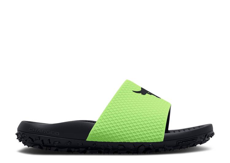 【 UNDER ARMOUR PROJECT ROCK SLIDE 'QUIRKY LIME' / QUIRKY LIME BLACK 】 サンダル ライム 黒色 ブラック アンダーアーマー スニーカー メンズ|スニケス