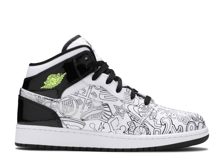 【 AIR JORDAN JORDAN 1 MID SE GS 'DIY' / WHITE WHITE BLACK VOLT 】 ナイキ ミッド 白色 ホワイト 黒色 ブラック エアジョーダン ジュニア キッズ ベビー マタニティ スニーカー画像