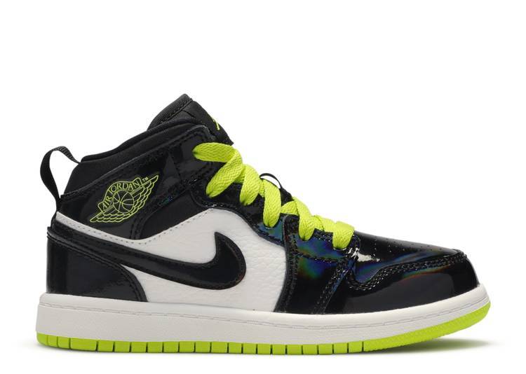 【 AIR JORDAN JORDAN 1 MID PS 'BLACK CYBER' / BLACK CYBER WHITE MYSTIC GREEN 】 ナイキ ミッド 黒色 ブラック 白色 ホワイト 緑 グリーン エアジョーダン ジュニア キッズ ベビー マタニティ スニーカー|スニケス