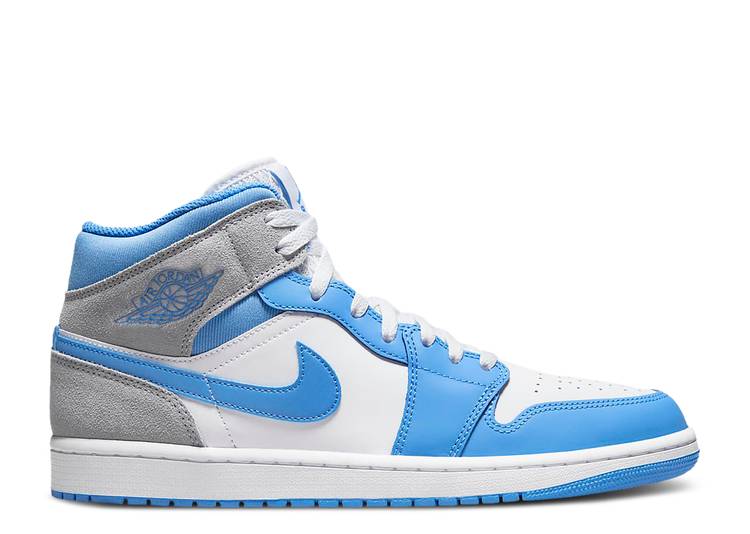 【 AIR JORDAN JORDAN 1 MID SE \u0027UNIVERSITY BLUE\u0027 / WHITE WOLF GREY UNIVERSITY BLUE 】 ナイキ ミッド 白いこと 白いこと 薄墨色 薄墨色 青味 青み エアジョーダン スニーカー メンズ
