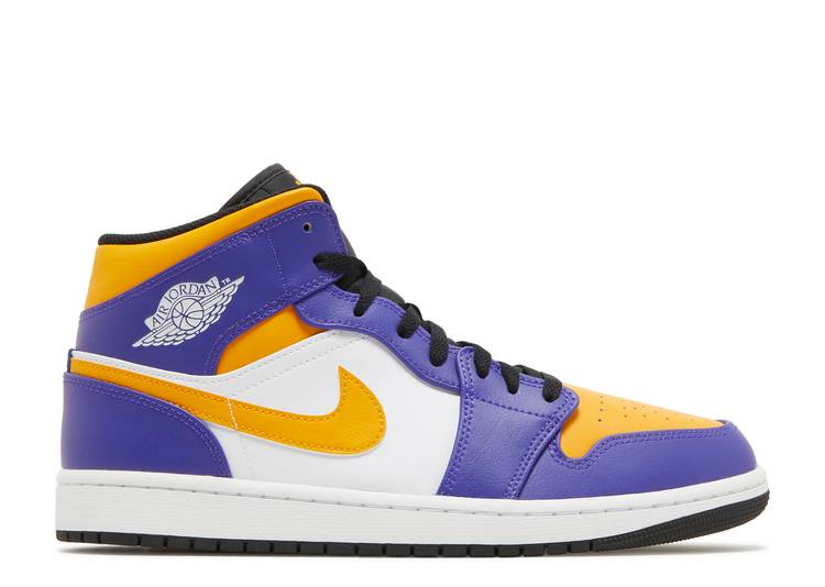 【 AIR JORDAN JORDAN 1 MID \u0027LAKERS\u0027 / DARK CONCORD TAXI WHITE BLACK 】 ナイキ ミッド 調和 コン吊りひも 白いこと 白いこと 黒いこと 黒いこと エアジョーダン スニーカー メンズ