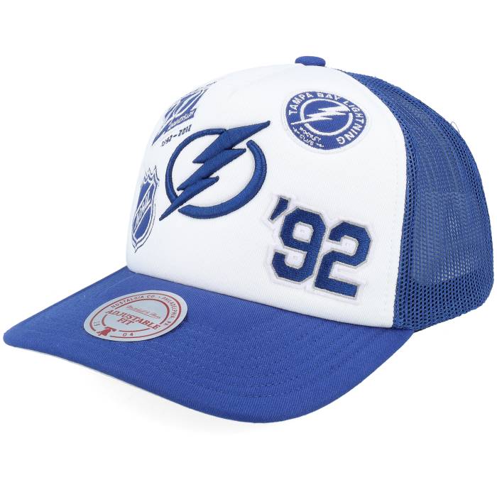 ミッチェル&ネス Mitchell & Ness 【 Tampa Bay Lightning Gridlock White/Royal A-Frame Trucker Men Blue / White 】 ライトニング トラッカー メンズ 青色 ブルー 白色 ホワイト｜スニケス