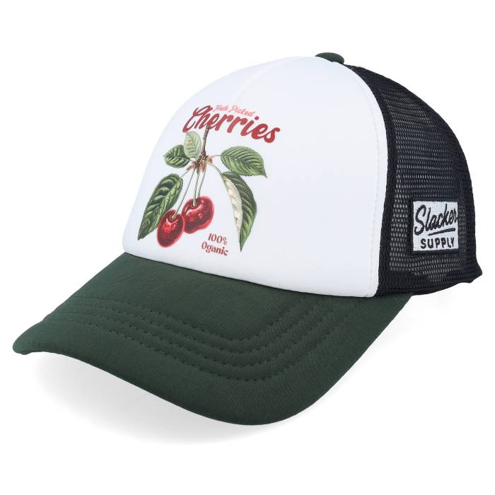 Slacker Supply 【 Fresh Picked Cherries Foam White/Olive/Black Vintage Trucker Men White 】 フレッシュ vintage ビンテージ・ヴィンテージ トラッカー メンズ 白色 ホワイト｜スニケス