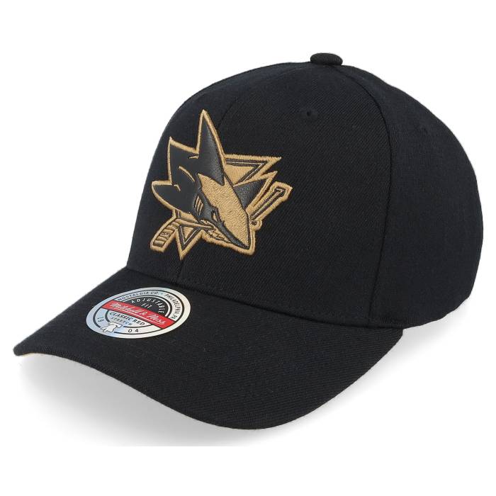ミッチェル&ネス Mitchell & Ness 【 Hatstore Exclusive X San Jose Sharks Tko Leather Logo Nhl Bronze/Black Adjustable Men Black 】 シャークス レザー ロゴ メンズ 黒色 ブラック｜スニケス