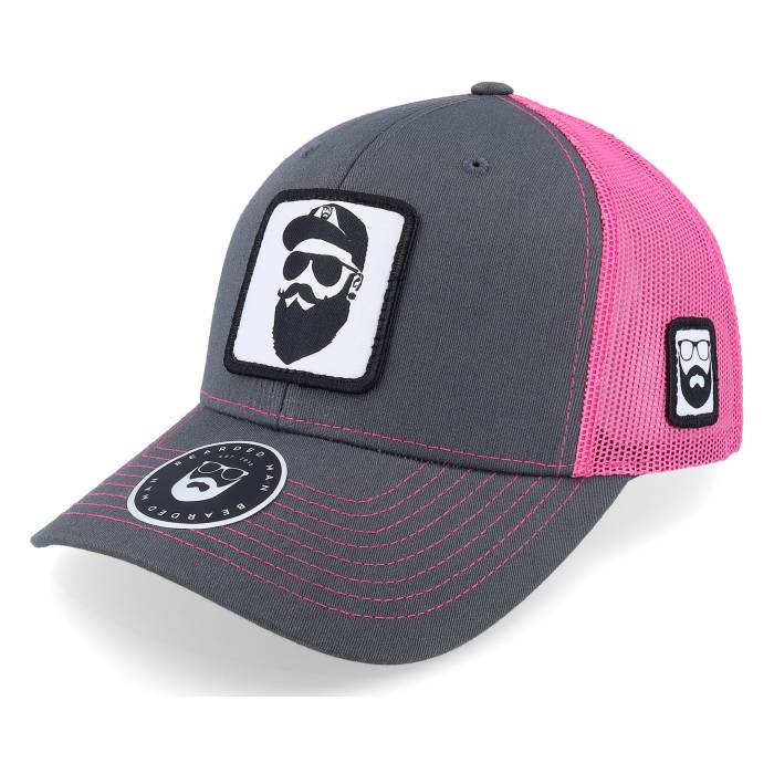 Bearded Man 【 Cap Man Woven Patch Charcoal/Neon Pink Trucker Men Grey 】 キャップ 帽子 Woven ウーブン pink ピンク トラッカー メンズ 灰色 グレー