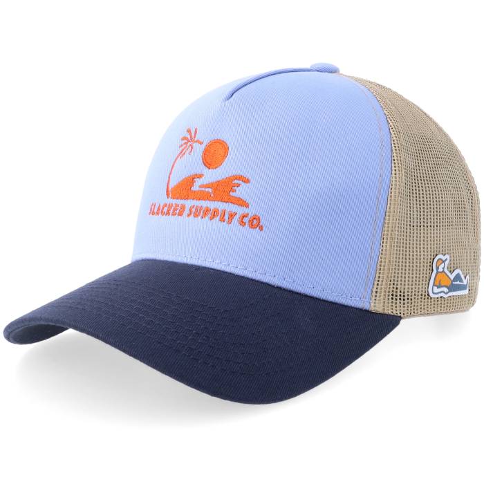 Slacker Supply 【 Sunny Waves Logo Light Blue/Khaki/Navy A-Frame A-Frame Trucker Men Beige / Blue 】 ロゴ トラッカー メンズ ベージュ 青色 ブルー｜スニケス