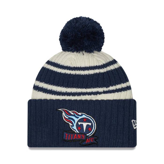 ニュー内鰓 New Era 【 Tennessee Titans  2022 Sideline Sport Cuffed Pom Knit Hat Mens Cream/Navy 】 テネシー タイタンズ 態度伝達ルート 編み物 メンズ 皮膚軟化剤 紺色 米国海軍