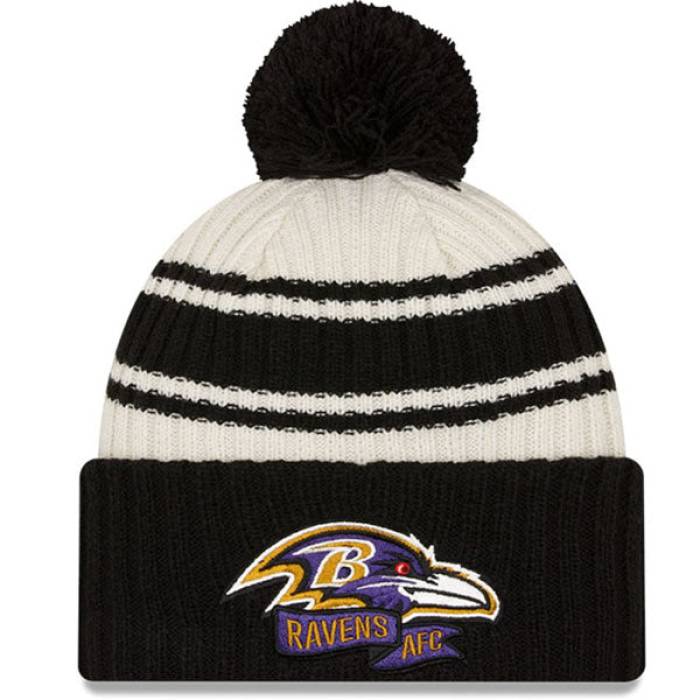 ニューエラ New Era 【 Baltimore Ravens  2022 Sideline Sport Cuffed Pom Knit Hat Mens Cream/Black 】 ボルティモア レイブンズ サイドライン ニット メンズ クリーム 黒色 ブラック