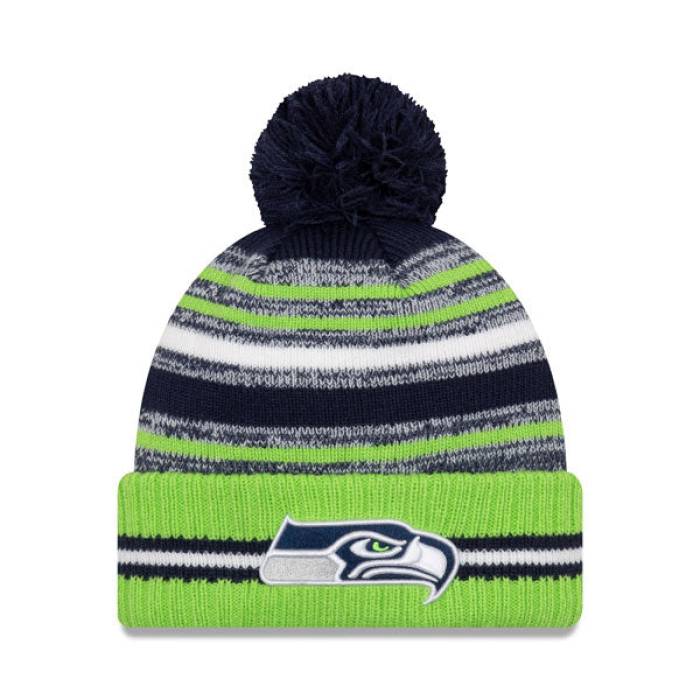 ニューエラ New Era 【 Seattle Seahawks 2021 Official Nfl Sideline Sport Pom Cuffed Knit Hat Mens 】 シアトル シーホークス NFL サイドライン ニット メンズ｜スニケス