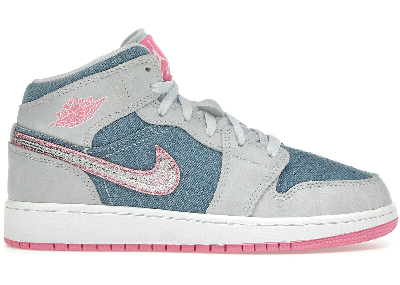 ナイキ ジョーダン ミッド ジーンズ 白いこと 白いこと さくら色 御坊っちゃん キッズ JORDAN 1 MID DENIM SEQUIN (GS) / COBALT BLISS WHITE PINK GLOW もの言う花 マタニティ スニーカー 靴-キッズファッション