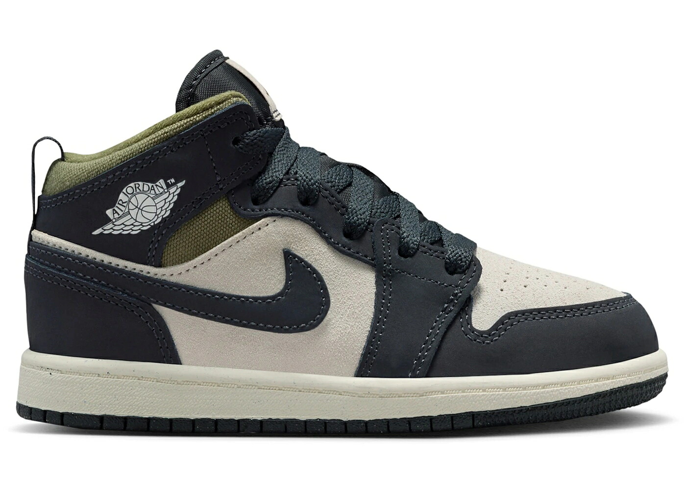 ナイキ ジョーダン ミッド オリーブ 茶色 ブラウン ジュニア キッズ JORDAN 1 MID SE OFF NOIR MEDIUM OLIVE (PS) / LIGHT OREWOOD BROWN MEDIUM OLIVE ベビー マタニティ スニーカー｜スニケス