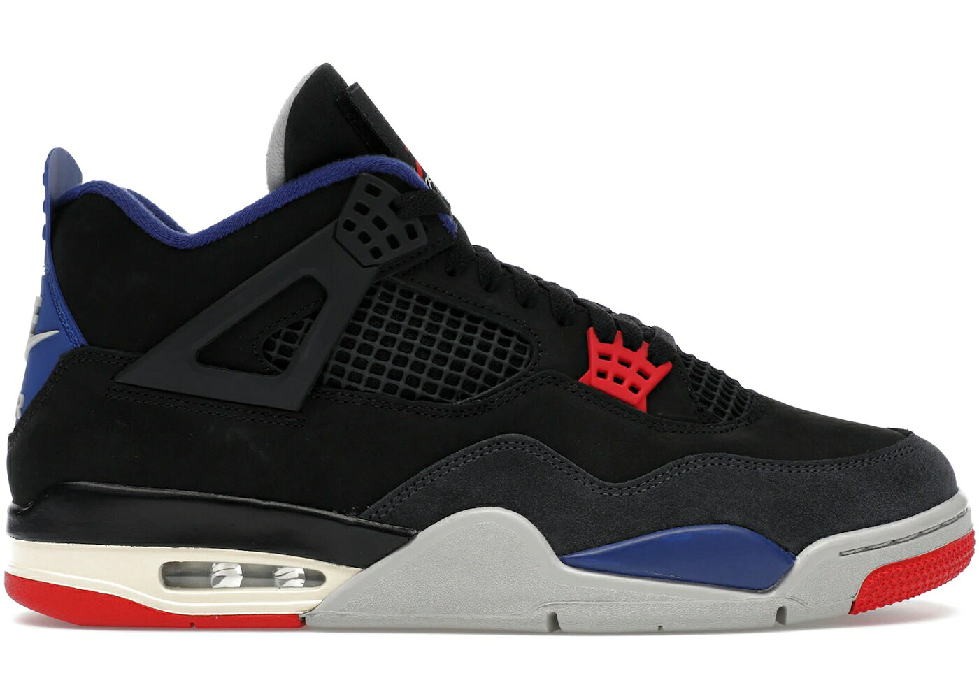 ナイキ ジョーダン 黒色 ブラック ファイア 赤 レッド ディープ 青色 ブルー スニーカー メンズ JORDAN 4 RETRO RARE AIR (WHITE LETTERING) / BLACK FIRE RED DEEP ROYAL BLUE｜スニケス