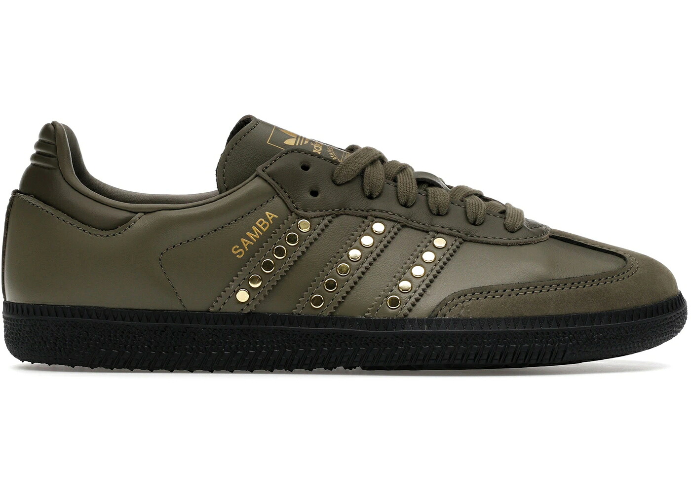 アディダス サンバ カーキ 黒色 ブラック オリーブ WOMEN'S スニーカー レディース ADIDAS SAMBA OG STUDDED STRIPES DARK KHAKI BLACK (WOMEN'S) / MEDIUM DARK KHAKI OLIVE STRATA|スニケス