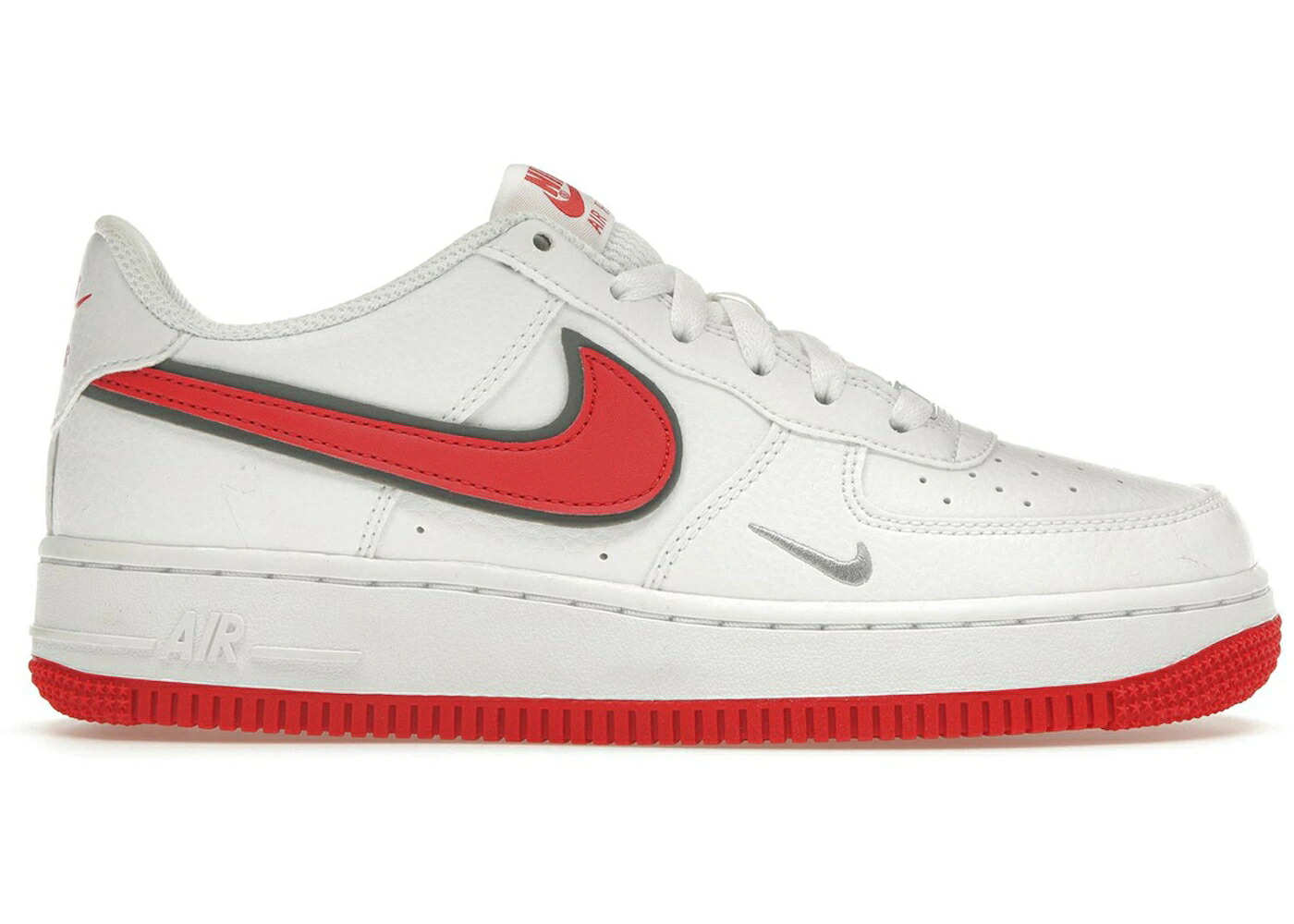 ナイキ 白色 ホワイト 赤 レッド スウッシュ スウォッシュ 灰色 グレー エアフォース ジュニア キッズ NIKE AIR FORCE 1 WHITE HABANERO RED MINI SWOOSH (GS) / WHITE SMOKE GREY LIGHT SMOKE ベビー マタニティ