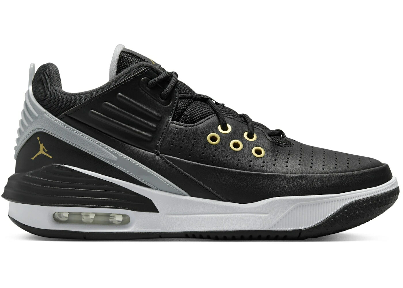 ナイキ ジョーダン マックス オーラ 黒色 ブラック 白色 ホワイト 灰色 グレー ゴールド スニーカー メンズ JORDAN MAX AURA 5 BLACK WHITE WOLF GREY METALLIC GOLD / BLACK WHITE WOLF GREY METALLIC