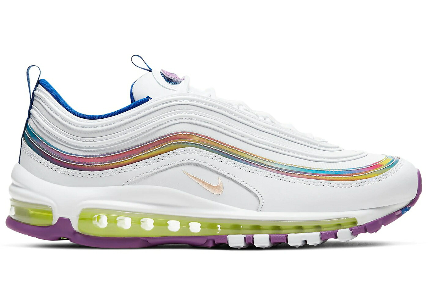 ナイキ マックス 白色 ホワイト 紫 パープル 青色 ブルー エアマックス WOMEN'S スニーカー レディース NIKE AIR MAX 97 WHITE IRIDESCENT STRIPES (WOMEN'S) / WHITE WASHED CORAL PURPLE BLUE｜スニケス