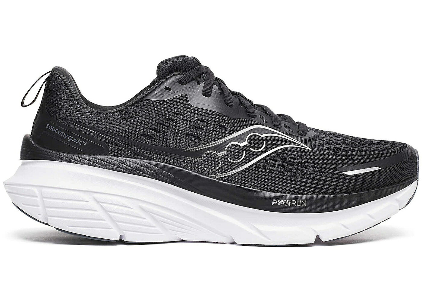 サッカニー 黒色 ブラック 白色 ホワイト スニーカー メンズ SAUCONY GUIDE 18 BLACK WHITE / BLACK WHITE｜スニケス