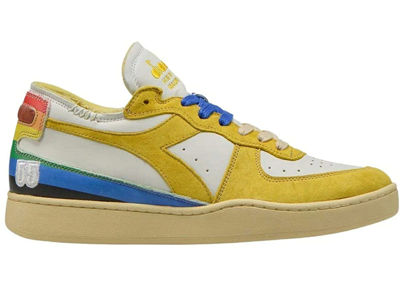 ディアドラ デンバー 白色 ホワイト 黄色 イエロー 虹色 レインボー スニーカー メンズ DIADORA MI BASKET ROW CUT DENVER / WHITE YELLOW RAINBOW｜スニケス