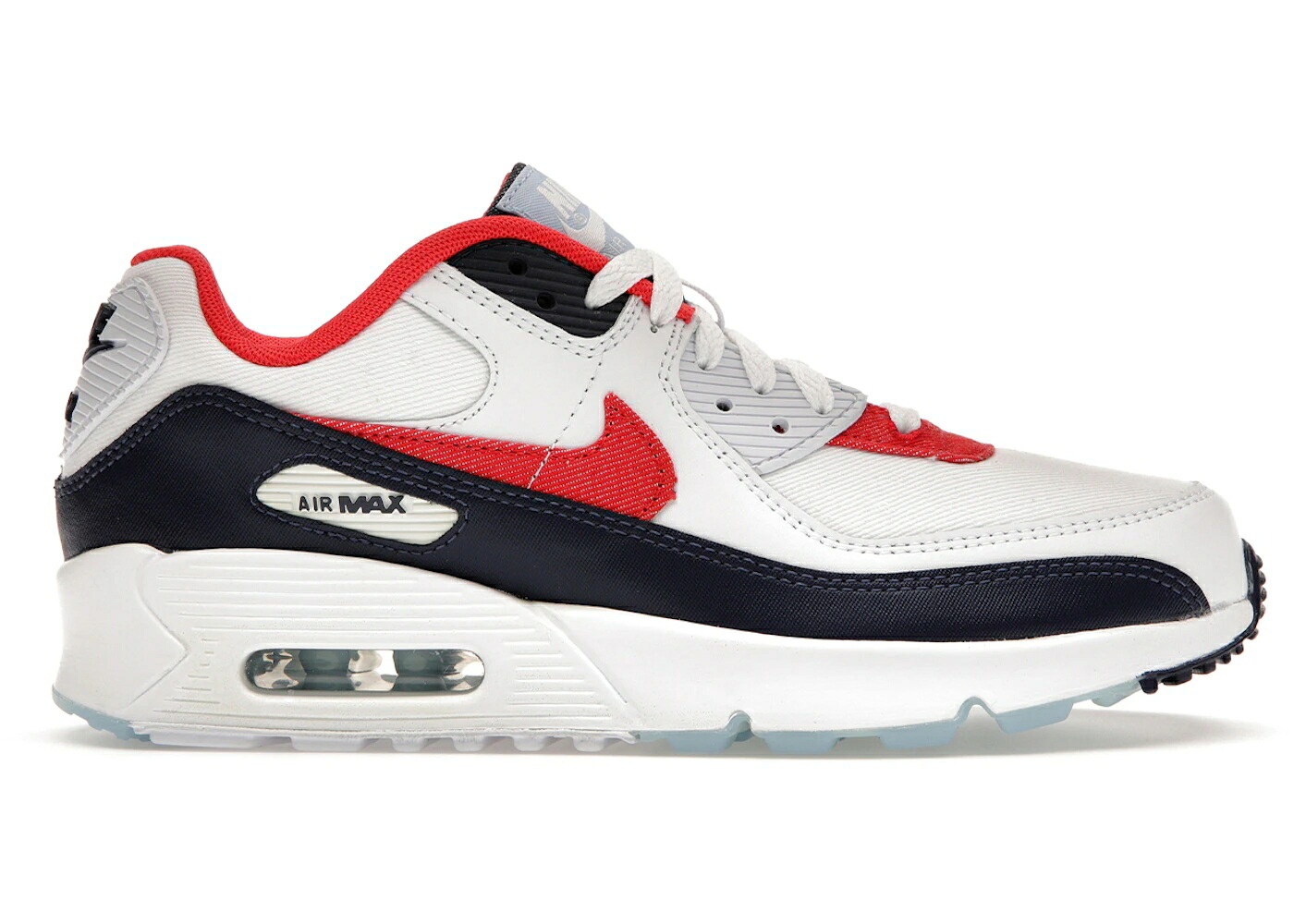 ナイキ マックス デニム 白色 ホワイト 紺色 ネイビー 青色 ブルー エアマックス ジュニア キッズ NIKE AIR MAX 90 USA DENIM (GS) / WHITE MIDNIGHT NAVY PSYCHIC BLUE ベビー マタニティ スニーカー｜スニケス