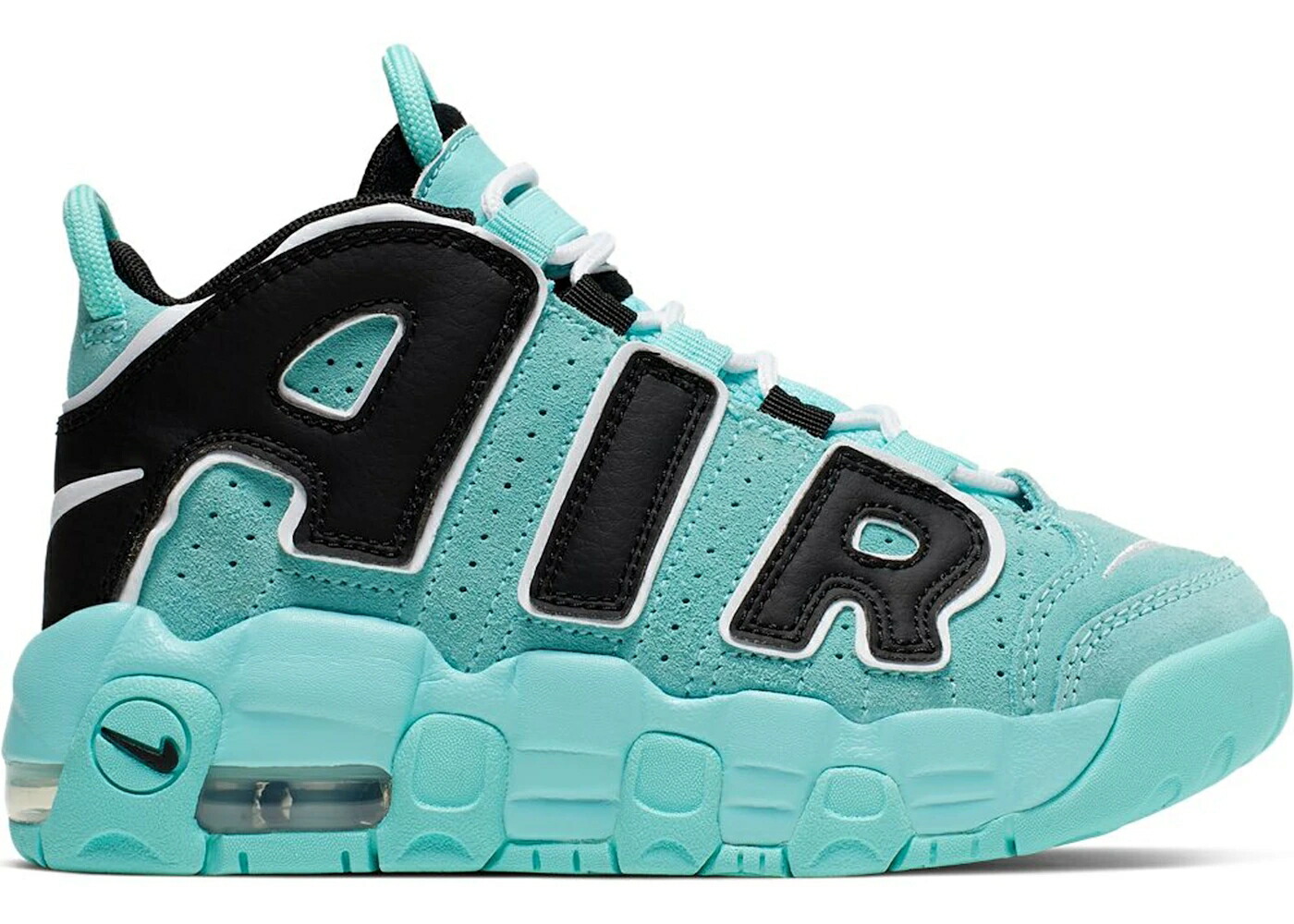 ナイキ アップテンポ アクア 黒色 ブラック 白色 ホワイト エアモアアップテンポ モアテン ジュニア キッズ NIKE AIR MORE UPTEMPO LIGHT AQUA (PS) / LIGHT AQUA BLACK WHITE ベビー マタニティ スニーカ