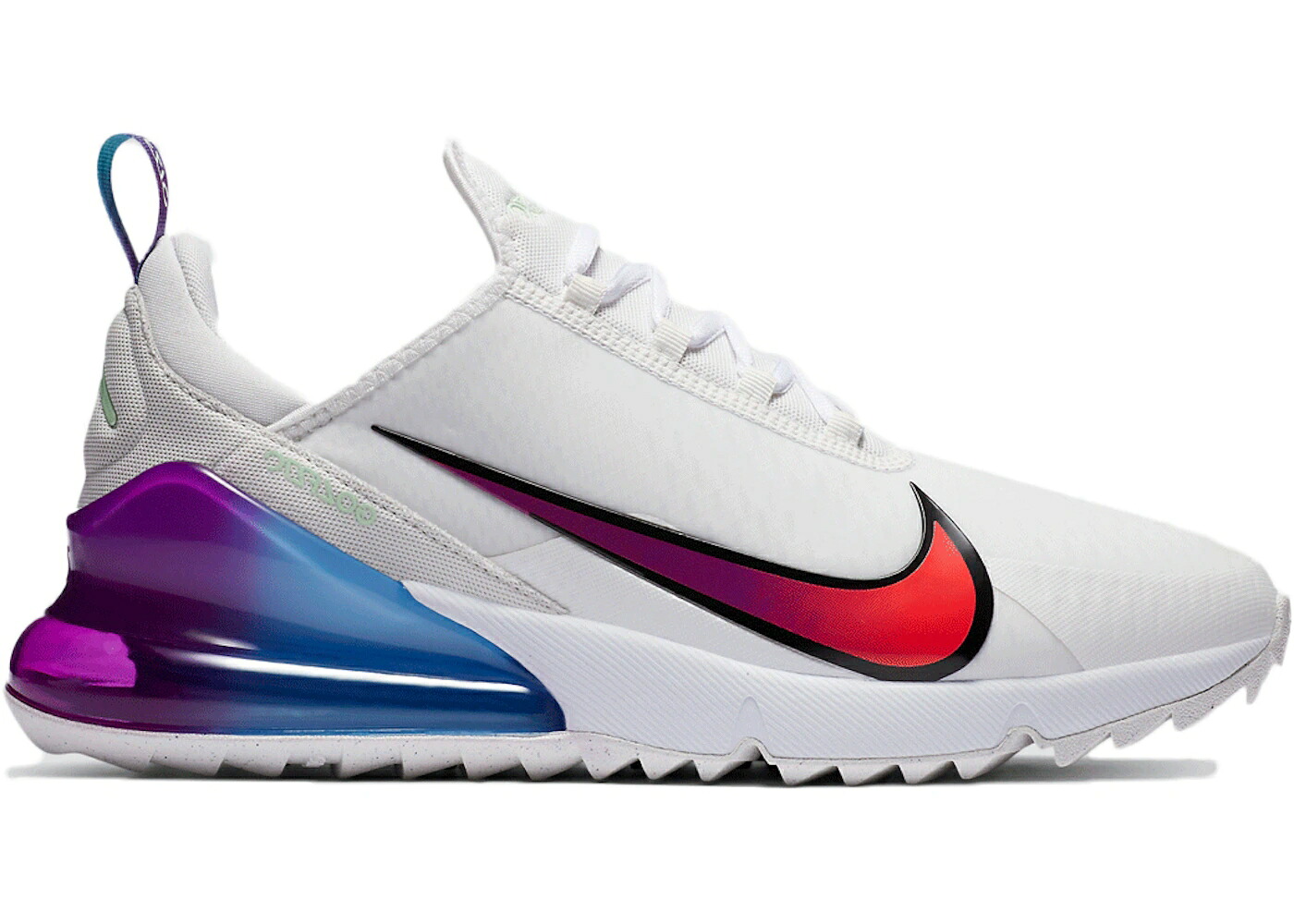 ナイキ マックス ゴルフ 白色 ホワイト アクア 紫 パープル エアマックス スニーカー メンズ NIKE AIR MAX 270 GOLF WHITE ORACLE AQUA VIVID PURPLE / METALLIC SUMMIT WHITE ORACLE｜スニケス