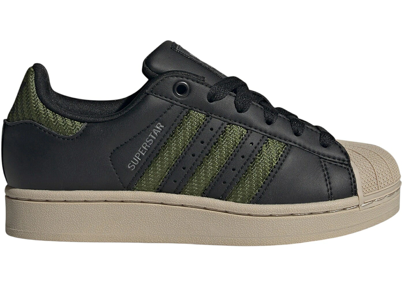 アディダス スーパースター 黒色 ブラック テック オリーブ ベージュ コア ジュニア キッズ ADIDAS SUPERSTAR II BLACK TECH OLIVE WONDER BEIGE (GS) / CORE BLACK TECH OLIVE WONDER ベビー マタニティ スニー|スニケス