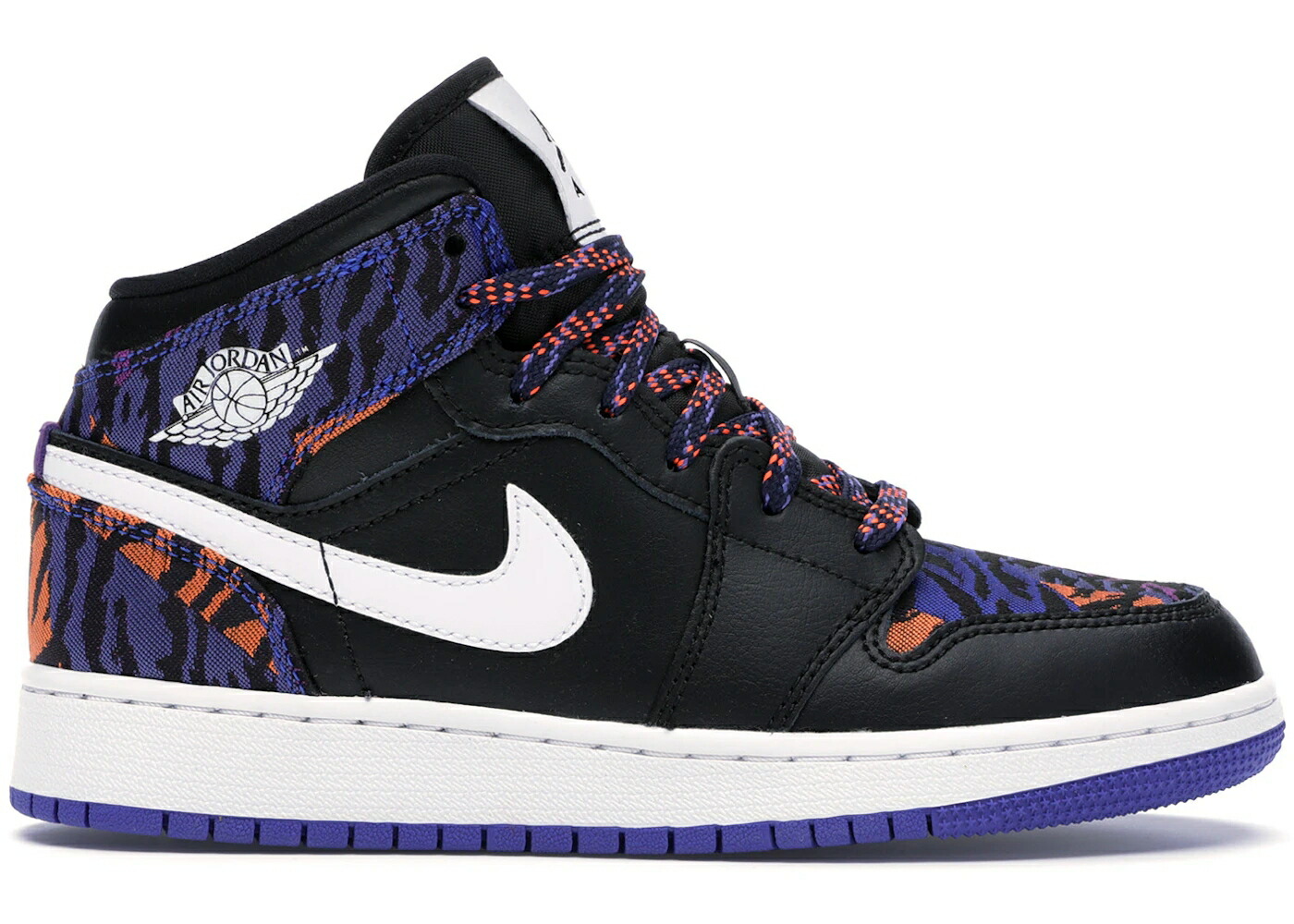 ナイキ ジョーダン ミッド ストライプ 黒色 ブラック 白色 ホワイト ラッシュ 紫 バイオレット ジュニア キッズ JORDAN 1 MID MULTI-COLOR TIGER STRIPE (GS) / BLACK WHITE RUSH VIOLET BLACK ベビー マタニ