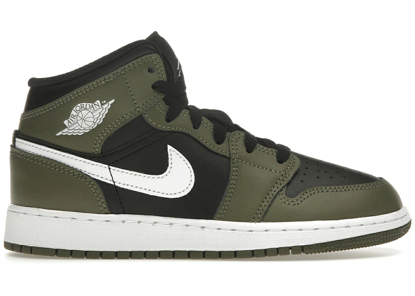 ナイキ ジョーダン ミッド 黒色 ブラック 白色 ホワイト オリーブ ジュニア キッズ JORDAN 1 MID BLACK WHITE OLIVE (GS) / BLACK WHITE MEDIUM OLIVE ベビー マタニティ スニーカー｜スニケス