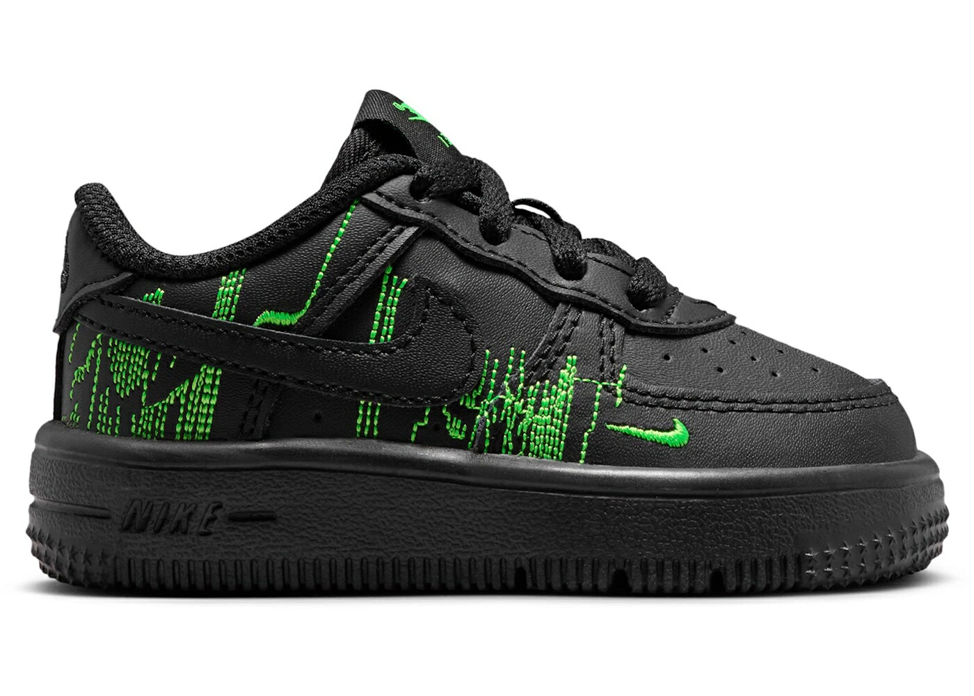ナイキ 黒色 ブラック 緑 グリーン ストライク 紫 パープル ジュニア キッズ NIKE FORCE 1 LOW LV8 MATRIX (TD) / BLACK GREEN STRIKE VIVID PURPLE画像