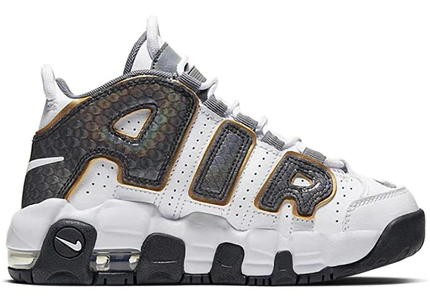 ナイキ アップテンポ 白色 ホワイト ゴールド エアモアアップテンポ モアテン ジュニア キッズ NIKE AIR MORE UPTEMPO WHITE ANTHRACITE SNAKESKIN (PS) / WHITE ANTHRACITE METALLIC GOLD ベビー マタニティ ス