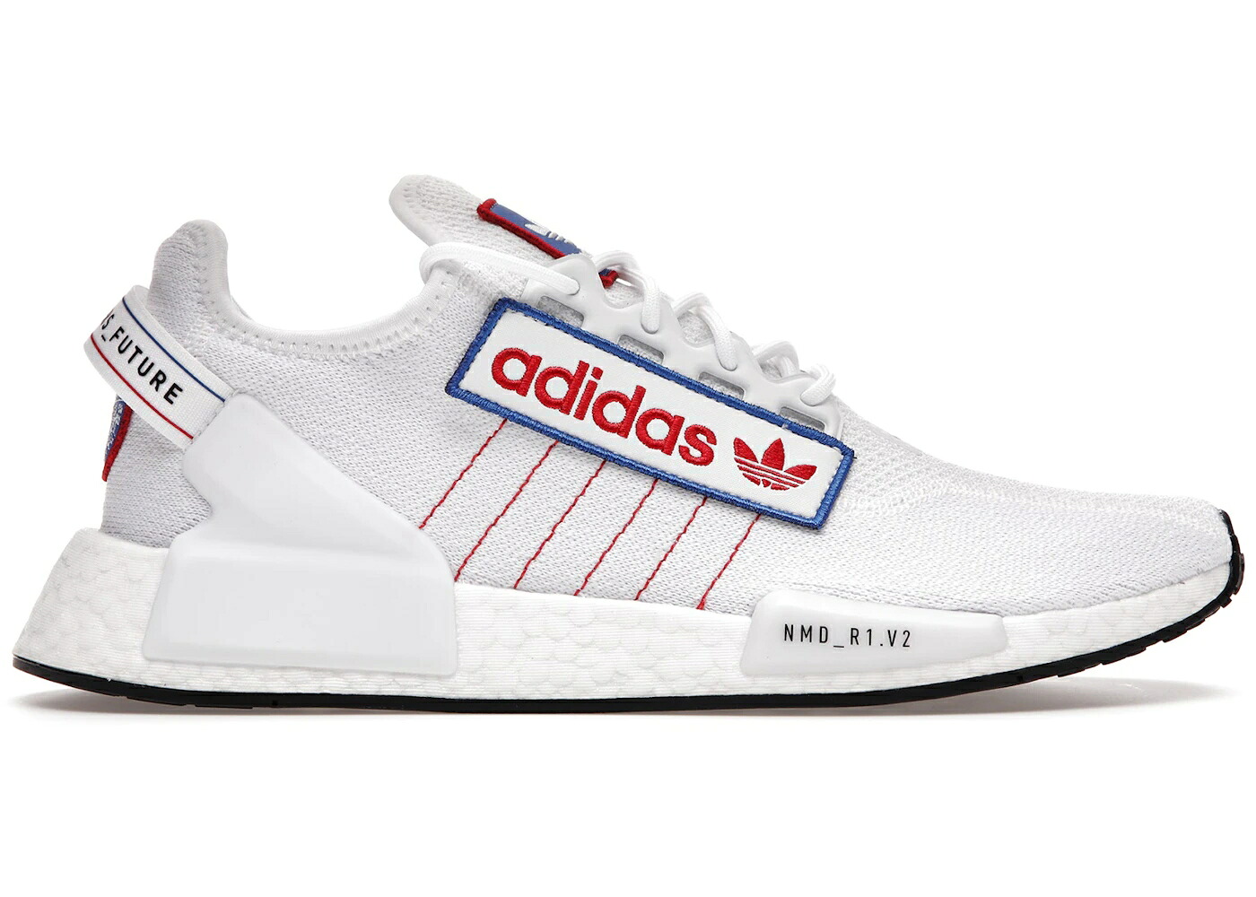 アディダス 白色 ホワイト ロゴ 青色 ブルー スニーカー メンズ ADIDAS NMD R1 V2 WHITE LOGO PATCH / CLOUD WHITE SCARLET BLUE｜スニケス