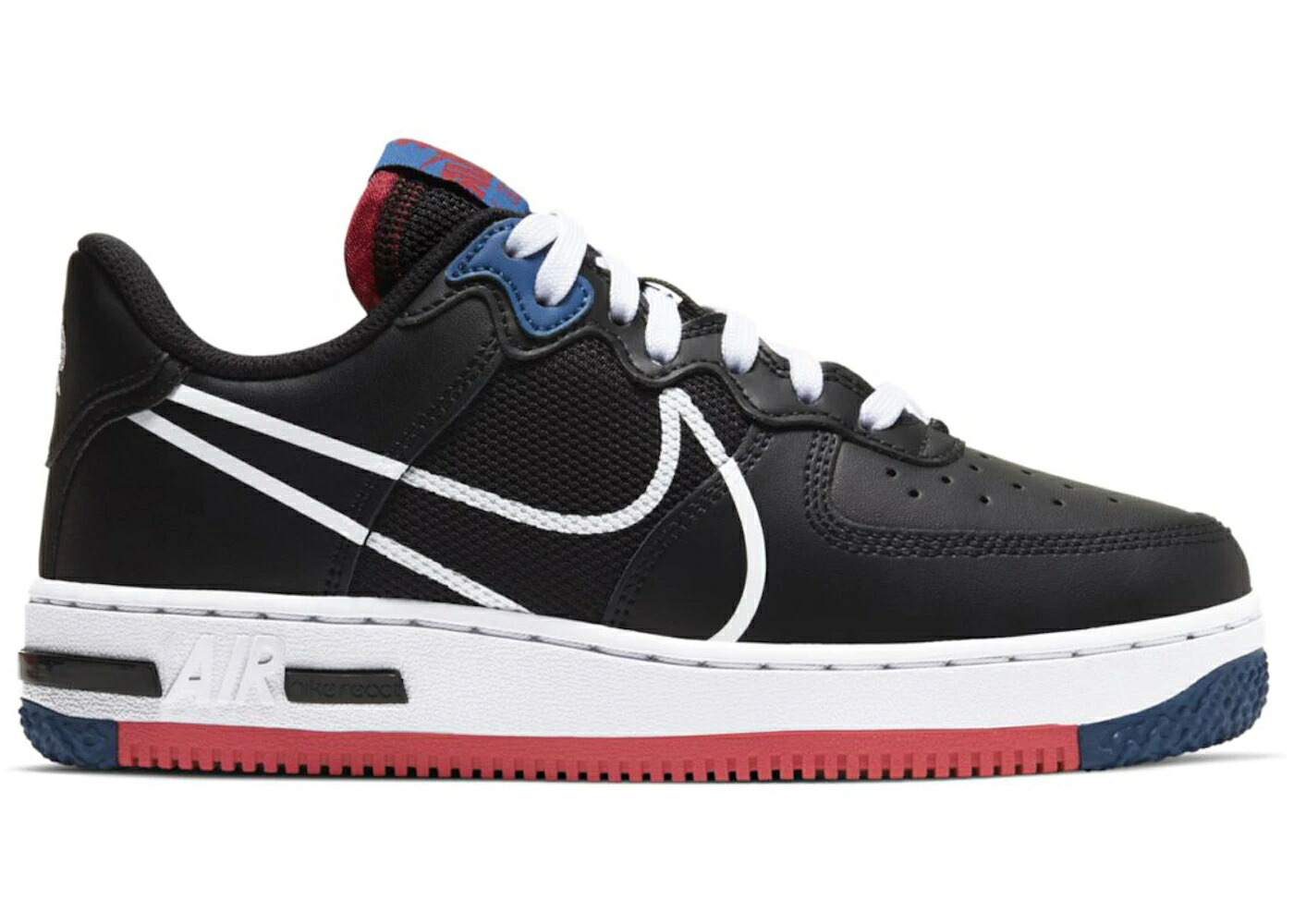 ナイキ リアクト 黒色 ブラック 赤 レッド 青色 ブルー 白色 ホワイト エアフォース ジュニア キッズ NIKE AIR FORCE 1 LOW REACT SU BLACK GYM RED (GS) / BLACK GYM RED GYM BLUE WHITE ベビー マタニティ ス|スニケス