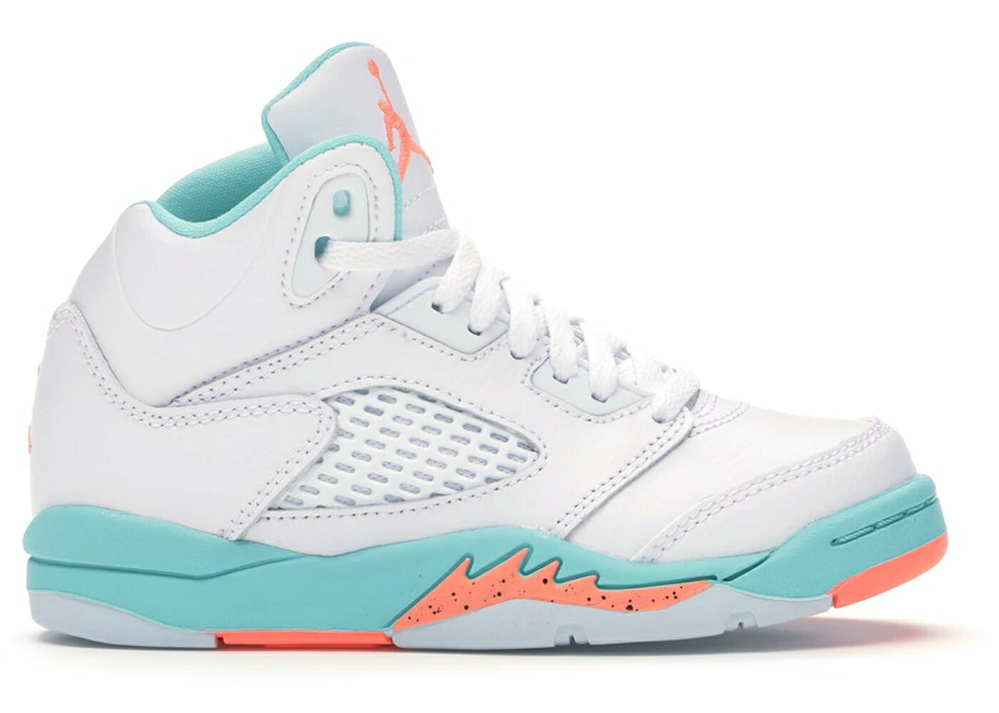 ナイキ ジョーダン アクア 白色 ホワイト クリムゾン ジュニア キッズ JORDAN 5 RETRO LIGHT AQUA (PS) / WHITE CRIMSON PULSE LIGHT AQUA ベビー マタニティ スニーカー｜スニケス