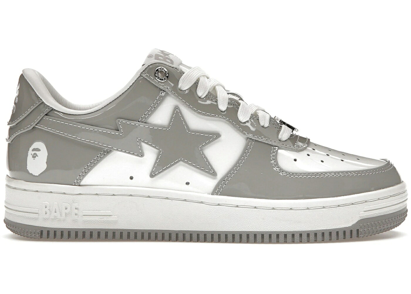 ベイプ 専売特許 なめし革 白いこと 白いこと 薄墨色 薄墨色 スニーカー メンズ BAPE A BATHING APE STA PATENT LEATHER WHITE GREY (2023) / WHITE GREY