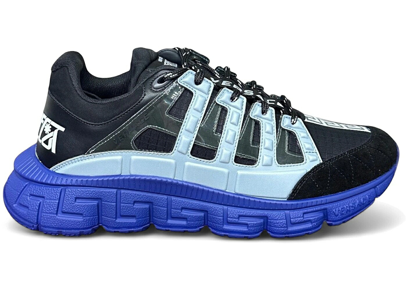 ヴェルサーチェ 青み 青色 黒いこと 黒いこと スニーカー メンズ VERSACE TRIGRECA LIGHT BLUE BLACK / BLUE BLACK