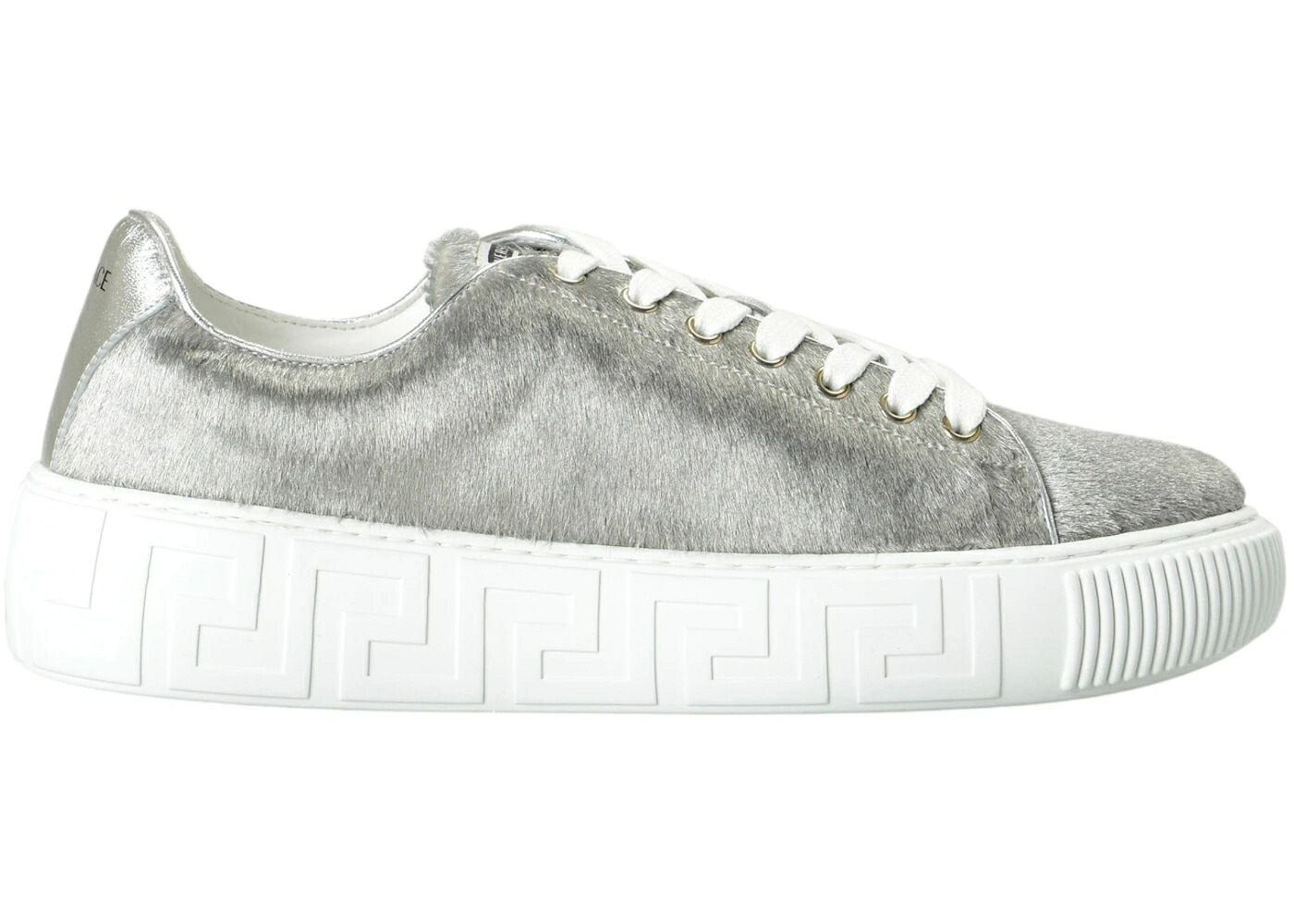 ヴェルサーチェ 靴 スニーカー 白色 ホワイト 銀色 シルバー ポニー メンズ VERSACE GRECA SNEAKER WHITE SILVER PONY HAIR / WHITE SILVER PONY HAIR